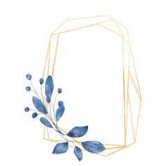 Leaves geometric gold frame. Watercolor hand drawing golden border with place for text, with blue leaf.	