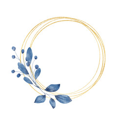 Blue leaves gold frame wreath border. Watercolor hand painting floral geometric background. Leaf, plant, branch isolated on white background.