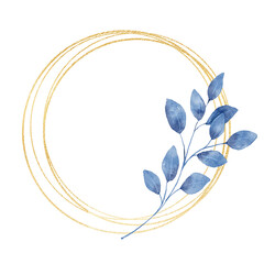 Blue leaves gold frame wreath border. Watercolor hand painting floral geometric background. Leaf, plant, branch isolated on white background.
