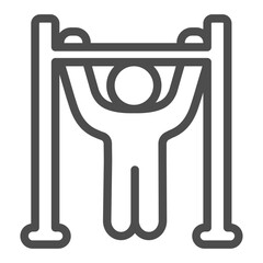 Man at horizontal bar line icon, body building concept. Vector graphics. Athlete man pull up exercise for arms, training sign on white background, outline style icon of mobile or web design.