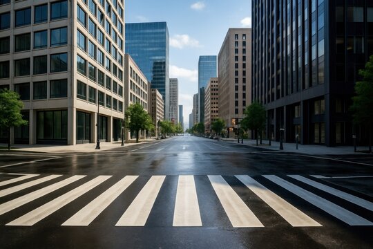 Urban street scene with a clear zebra crossing in the foreground, modern city buildings in the background