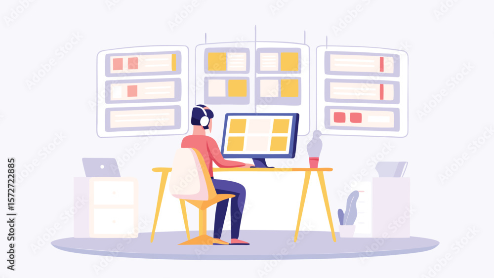 Poster person working at a desk with multiple monitors and a headset in a modern office setting at work