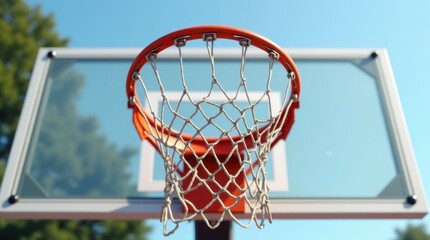 A realistic basketball backboard and hoop with a bright orange rim and white net, mounted on a transparent glass backboard