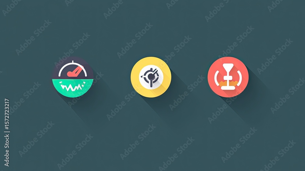 Poster three circular icons with unique designs on a dark teal background with long shadows