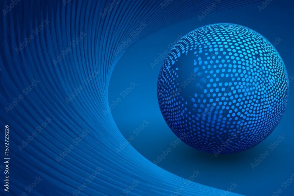 Poster abstract blue sphere with dot patterns against a smooth wave background presents a modern digital co