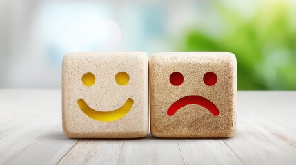 Happy and Sad Faces on Wooden Blocks
