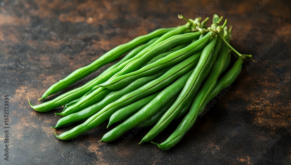 Poster fresh green string beans on dark rustic background, macro food photography with selective focus and 