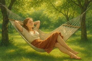 woman resting in a simple hammock, centered on a plain light background