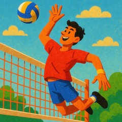 Male athlete spiking a volleyball over the net on an outdoor court under a clear blue summer sky