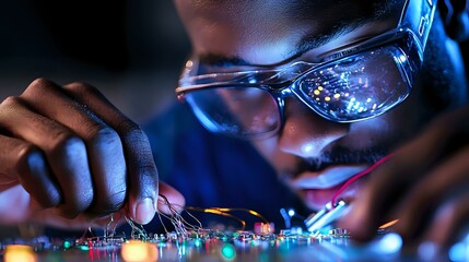 Young African American male engineer in protective glasses working on electronic circuit board with soldering iron, illuminated by blue tech lighting.
