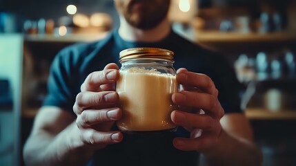 Hands holding mason jar with creamy coffee drink in dark atmospheric cafe setting. Moody lighting creates cozy ambiance with blurred background of coffee shop interior.
