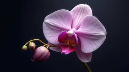  orchid flower with delicate petals and intricate textures, glowing softly against a deep dark background