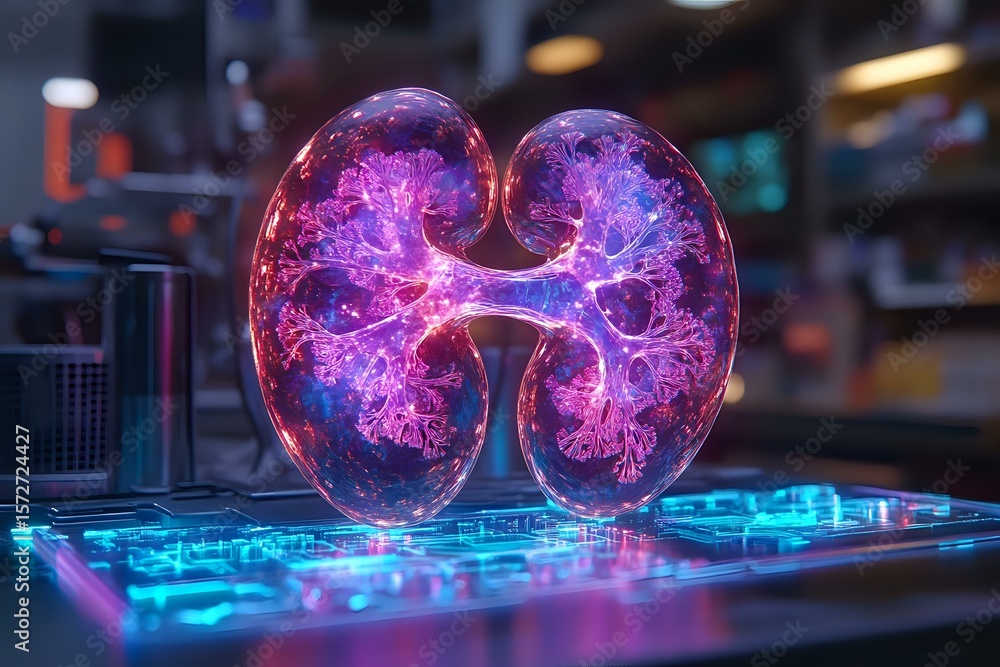 Poster glowing anatomical kidneys with luminescent pink and purple neural networks floating over futuristic