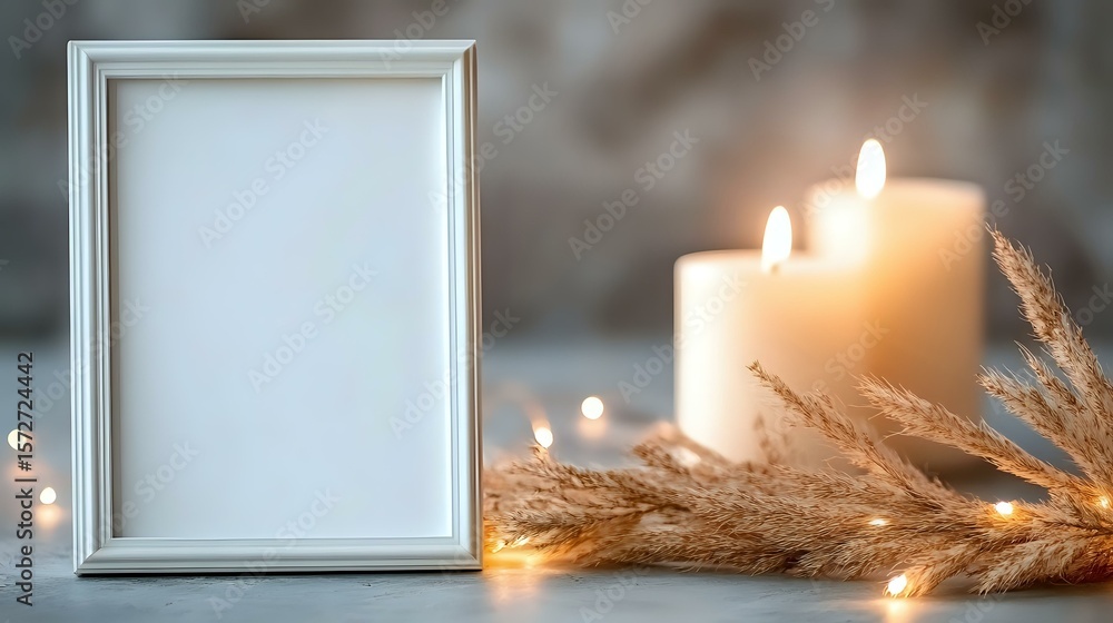 Poster empty white photo frame with glowing candles and dried pampas grass on blurred background with bokeh