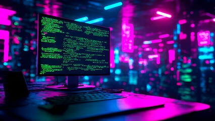 Cyberpunk hacker workspace with green code on screen, neon lights, futuristic server room, programming and cybersecurity concept, dark high-tech environment, AI and data hacking. Generative Ai