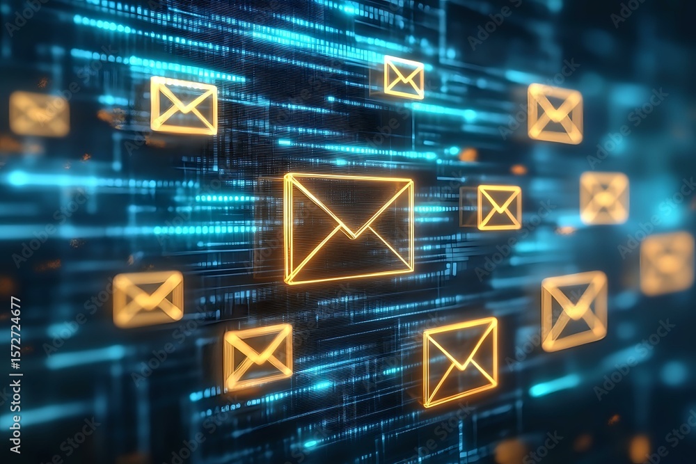 Poster glowing yellow email icons floating on digital blue matrix background with streaming data lines, rep