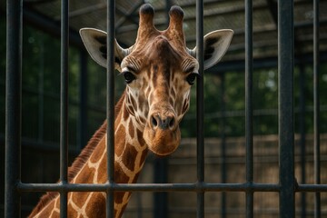 a giraffe standing behind metal bars in a zoo enclosure