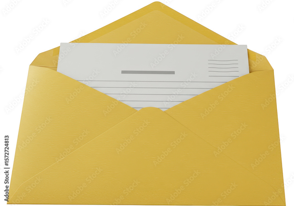 Poster a yellow envelope with a letter inside symbolizes communication and correspondence isolated on trans