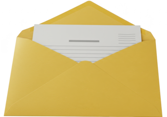 A yellow envelope with a letter inside symbolizes communication and correspondence isolated on transparent background