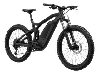 Mountain electric bike with thick tread tires and dual suspension for off-road trails
