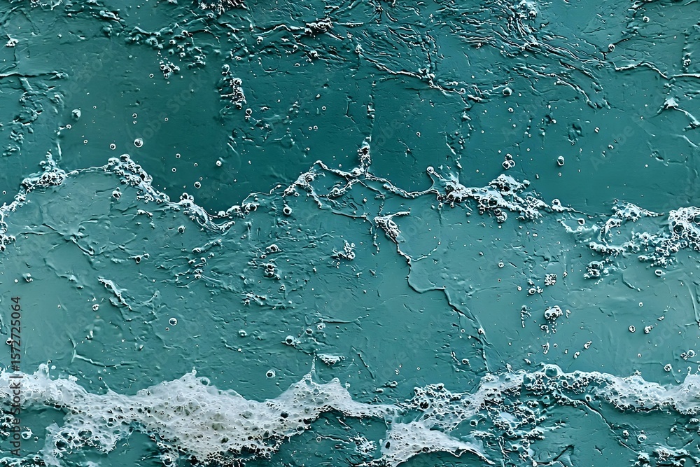 Poster weathered turquoise wall surface with peeling paint and rough texture showing layers of decay, creat