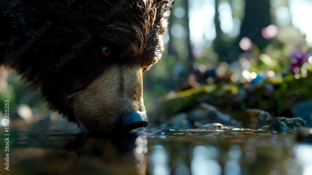 Poster brown bear drinking water from forest stream with bokeh light effects in background, close-up view o