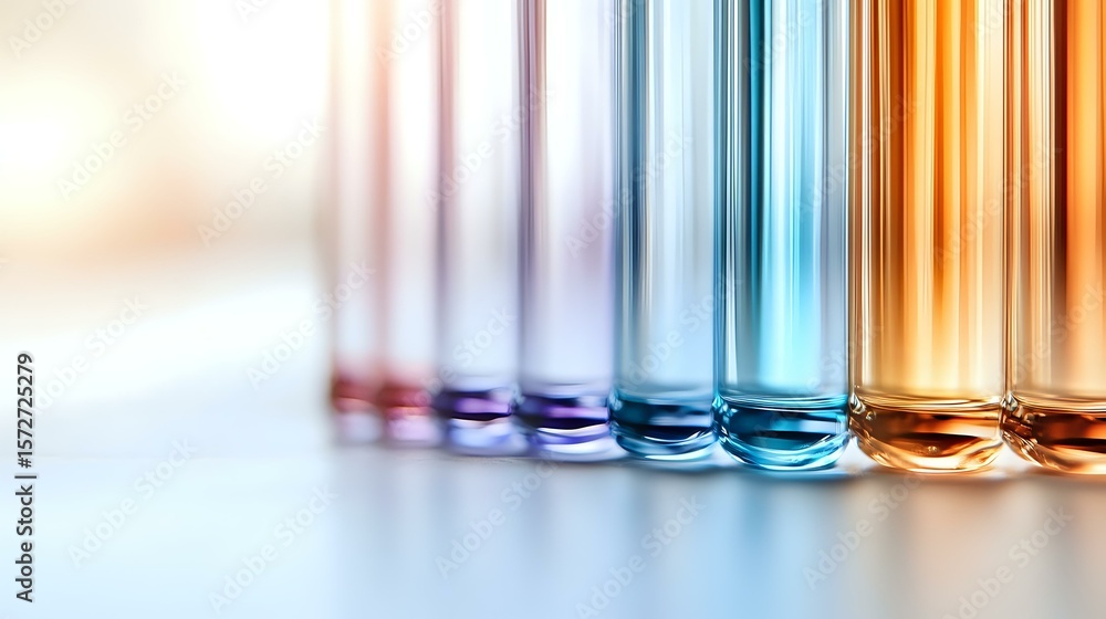 Poster colorful laboratory test tubes in row showing gradient from blue to orange tones, scientific researc