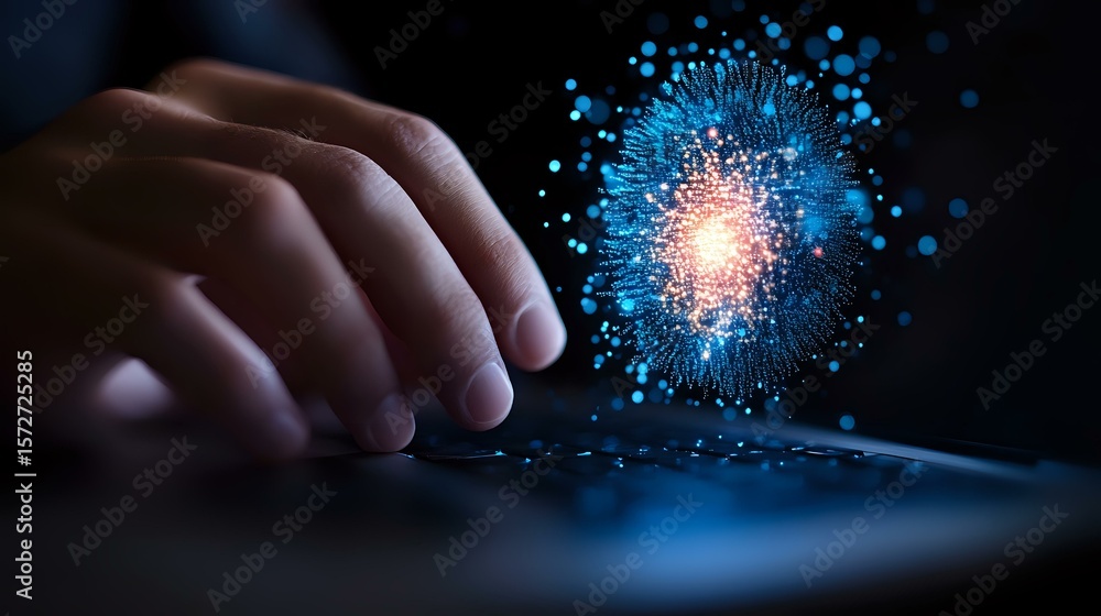 Aufkleber glowing digital particle explosion with blue light emerging from touchscreen device, hand interactin