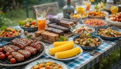 Obraz premium Grilled Meats, Corn on the Cob, and Colorful Salads – Vibrant Summer Barbecue Feast Perfect for Outdoor Gatherings, Backyard Cookouts, and Seasonal Food Celebrations