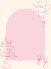 Romantic pink template with birthday cake, heart balloons, and glasses with bows. Perfect for invitations, greeting cards, wedding or anniversary designs.