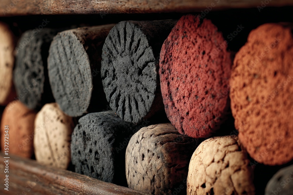 Poster colorful natural corks arranged neatly on a wooden shelf in a rustic setting showcasing their unique