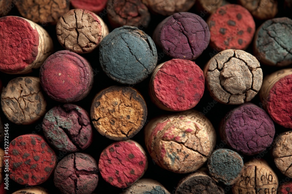 Poster unique collection of textured wine corks arranged in a colorful pattern highlighting their diverse c