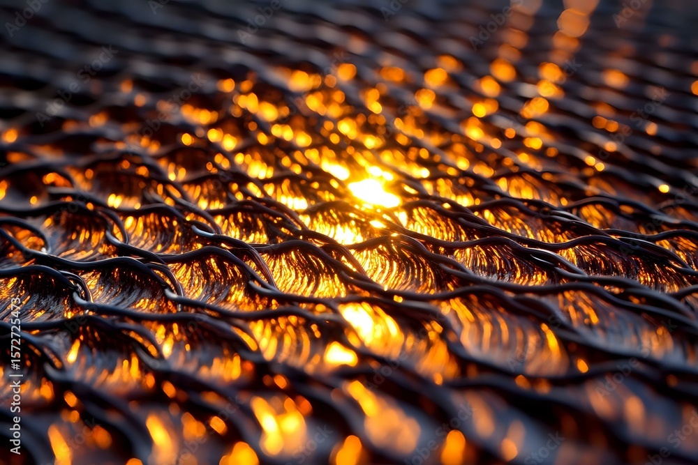 Poster mesmerizing golden light shimmers through textured metallic surface creating abstract wave pattern w