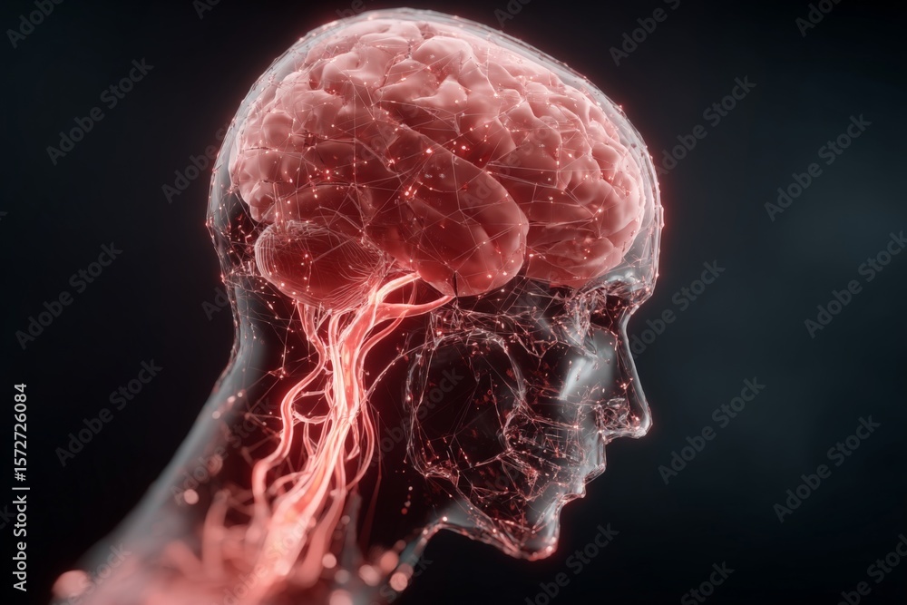 Poster human brain illustration with neural connections highlighted in a dark setting showcasing intricate 