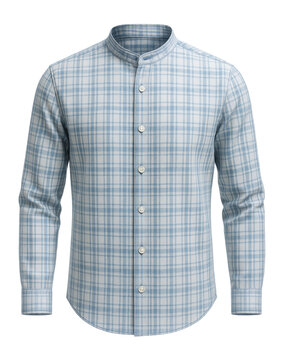 Lightweight plaid shirt in sky blue and white with a mandarin collar