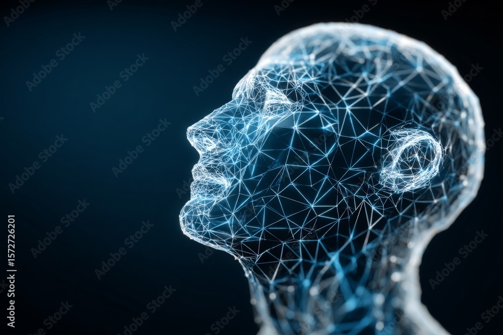 Poster digital representation of a human head showcasing neural connections and advanced technology concept