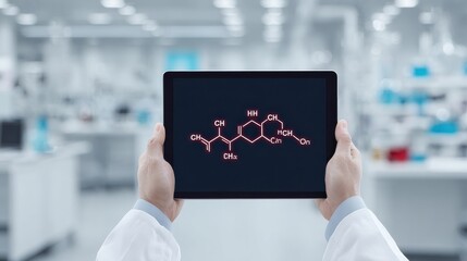 Scientist Holding Tablet Showing Chemical Formula in Lab