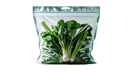 Vacuum-Sealed Pack of Mixed Leafy Green Vegetables on Transparent Background
