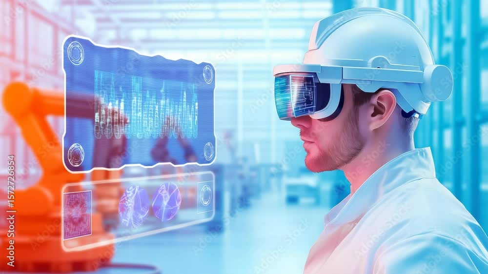 Poster male engineer wearing augmented reality headset and safety helmet interacts with holographic data sc