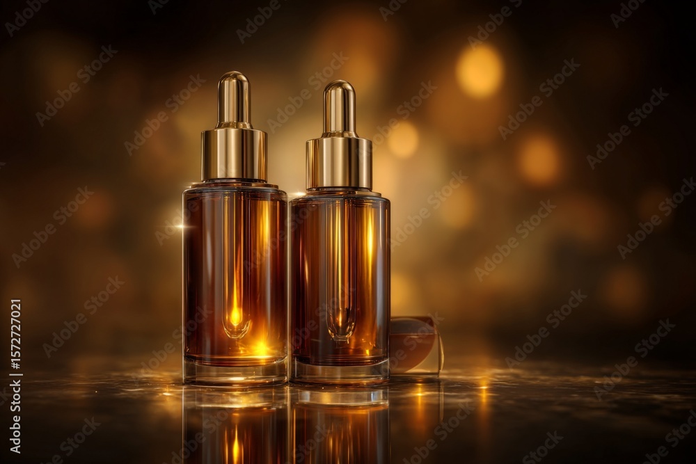 Poster elegant glass bottles containing amber liquid with golden caps displayed against a shimmering backgr