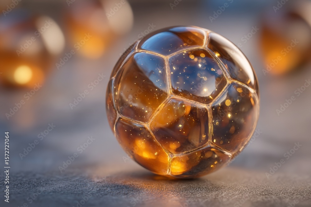 Poster shiny amber soccer ball resting on a smooth surface with a warm glow highlighting its unique design 