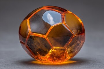 Naklejka premium Crafted resin soccer ball displays vibrant orange hues and intricate hexagonal patterns for decorative purposes
