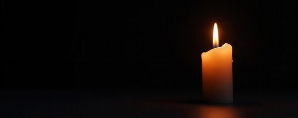 Single flickering candle against deep black backdrop, simple elegant design, somber, stock, background