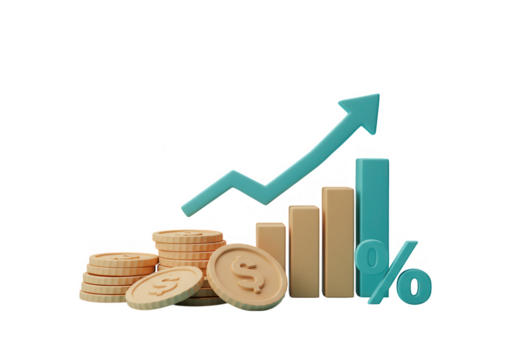 A 3d render shows financial growth with coins, bars, and an upward trending arrow isolated on transparent background