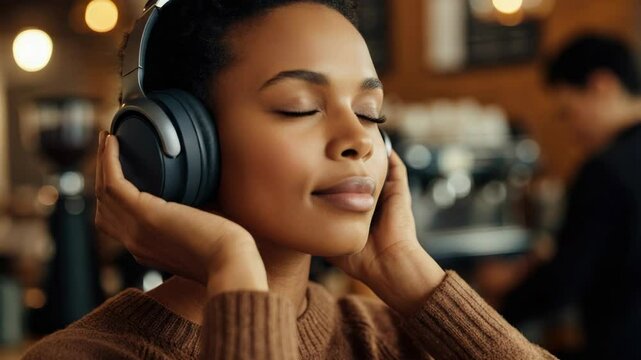 Woman enjoying music with headphones at cozy cafe