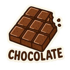 Cartoon illustration of a chocolate bar with a bite taken out, and the word "CHOCOLATE" below.