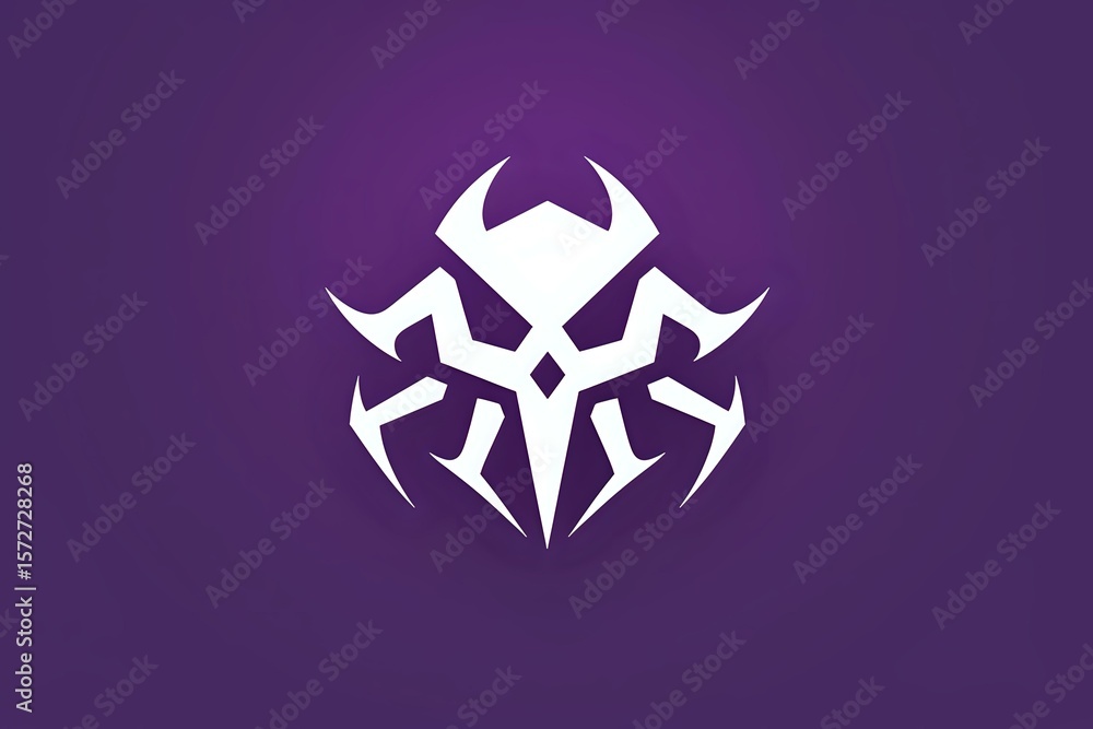 Poster white abstract tribal symbol on purple background, geometric sharp angular design with symmetrical p