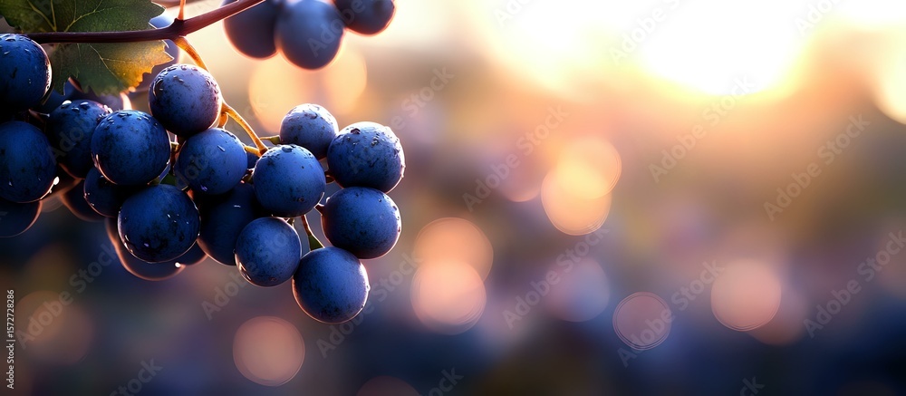 Poster fresh ripe dark blue grapes on grapevine at sunset with soft bokeh background in warm golden light, 
