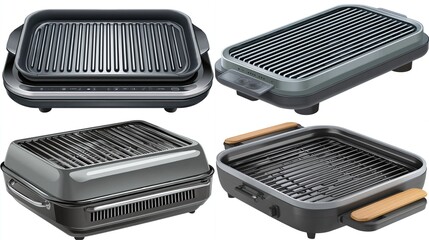 Electric Indoor Grills A Comparison of Four Models Showing Variations in Design, Size, and Features for Healthy and Convenient Cooking
