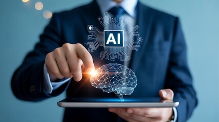 Businessman's hand touches a virtual screen displaying social network icons, symbolizing global digital communication and connection